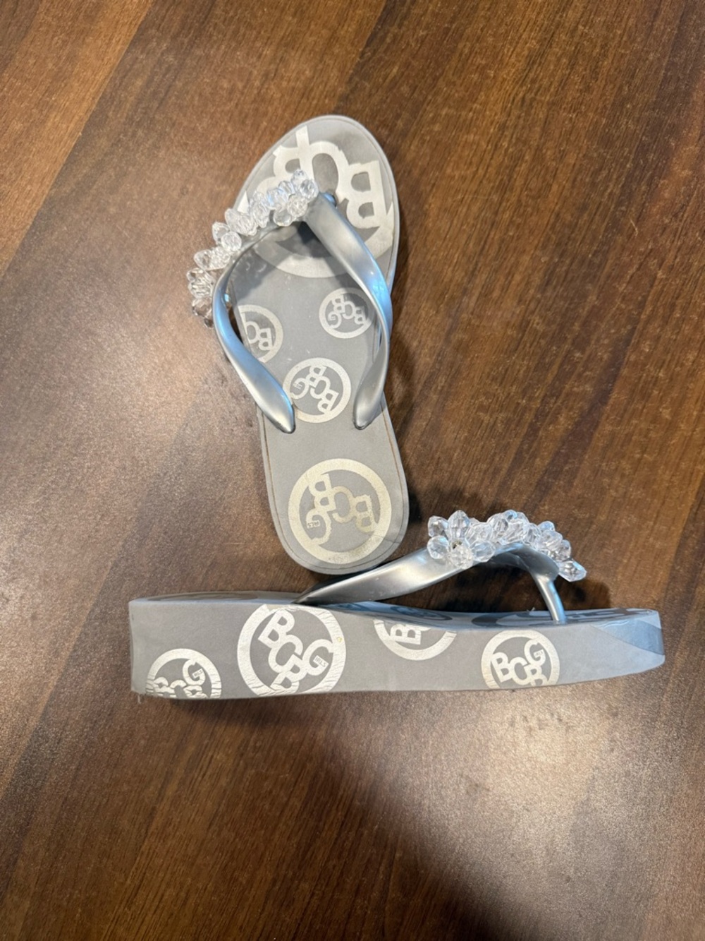 BCBG Silver Crystal-Embellished Platform Flip Flops